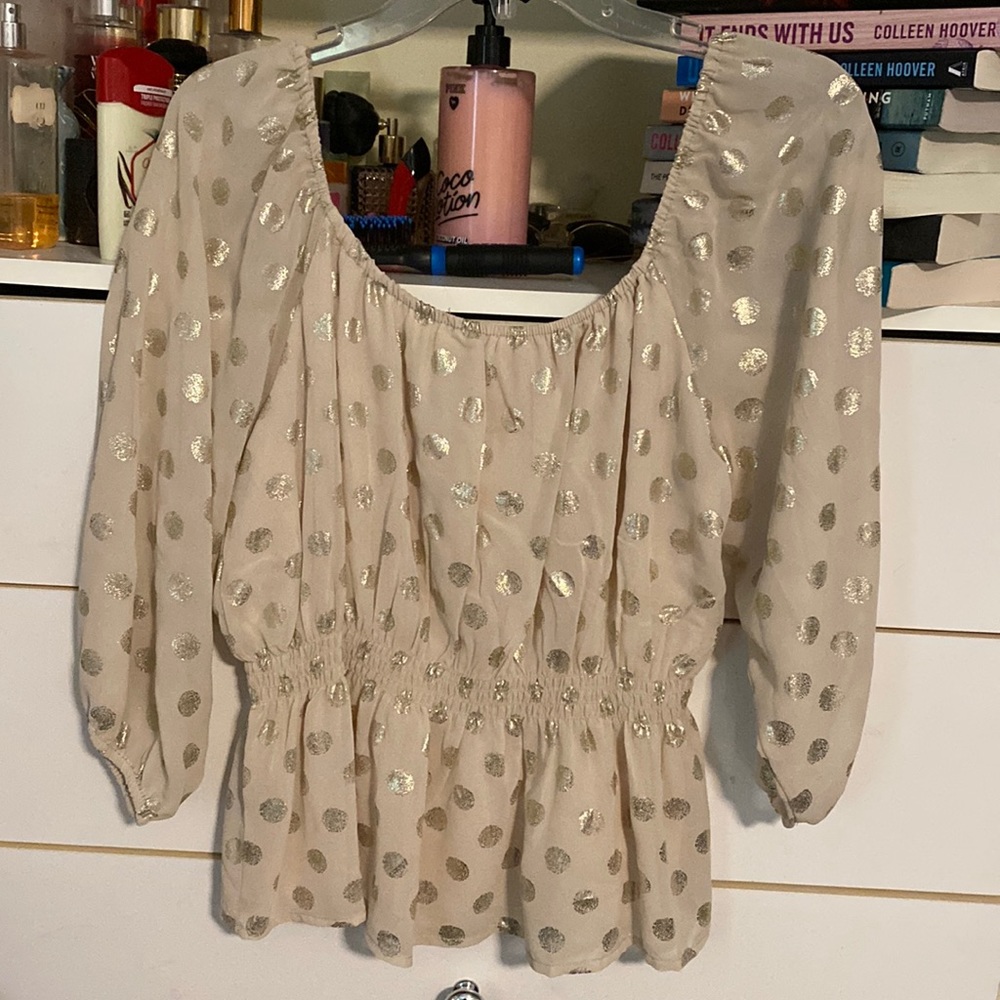 Nude and gold polka dot blouse
